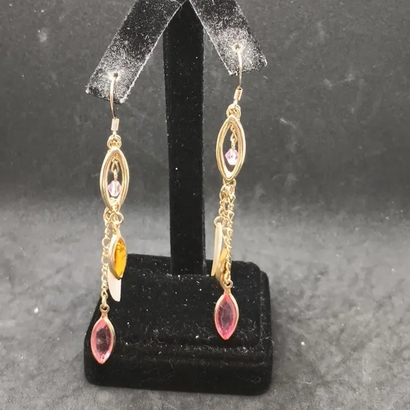 Vintage Gold Tone Beaded Charm Chain Dangle Earrings - Picture 1 of 4